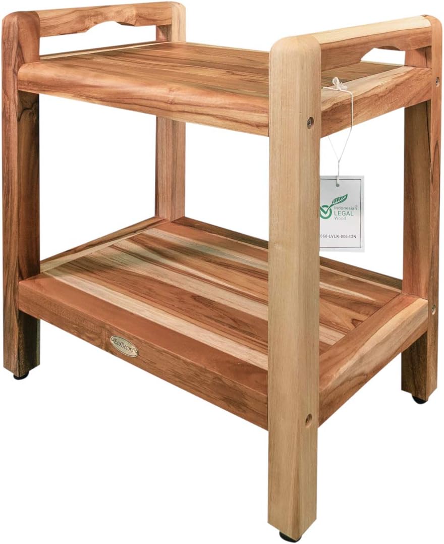 DecoTeak Earthy Teak Shower Stool Eleganto Natural Wood Seat Shower Bench with Storage Shelf and LiftAide Arms for Indoors and Outdoors – 14 inches Wide Review