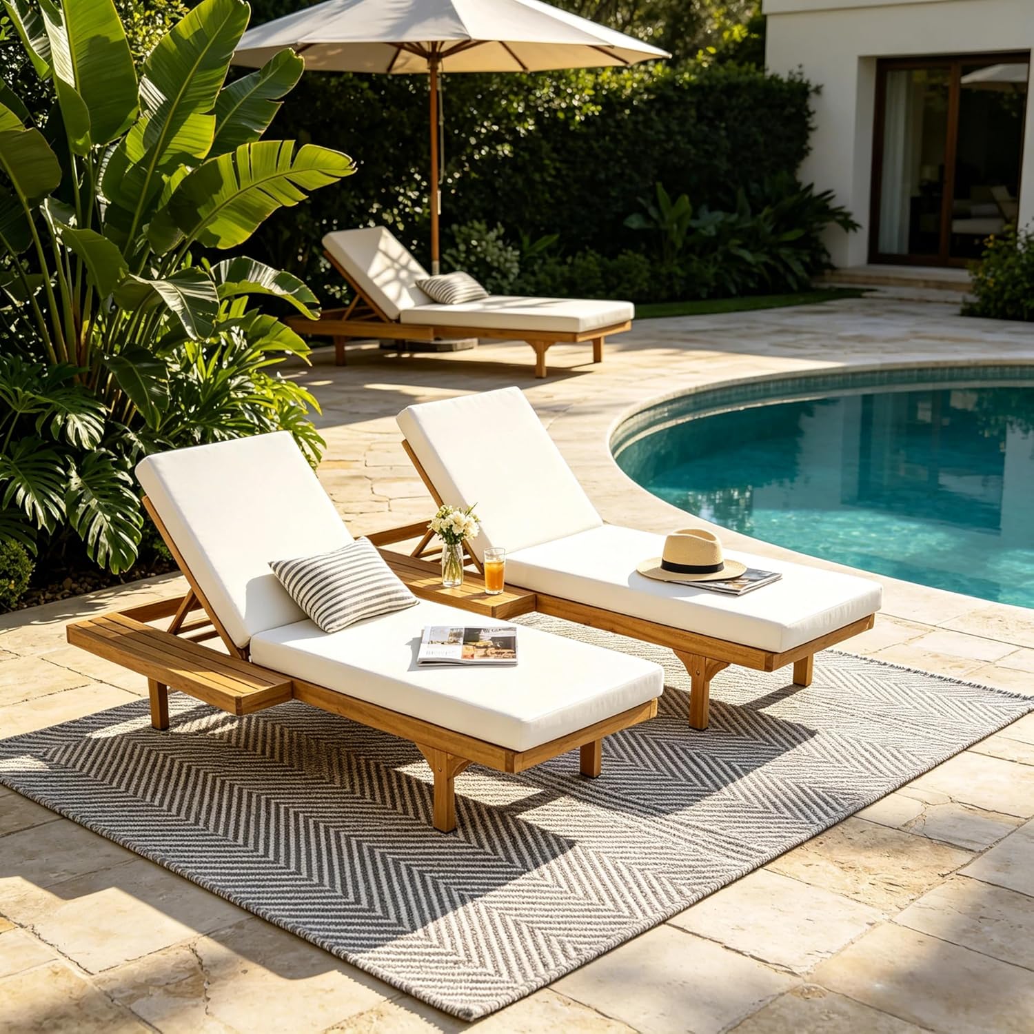 Christopher Knight Home Acacia Wood Chaise Lounge Chair Set of 2, Double/Single Outdoor Sunbathing Pool Lounger with 4” Cushion, Patio Wooden Adjustable Backrest Lounge Sofa, Teak+Cream