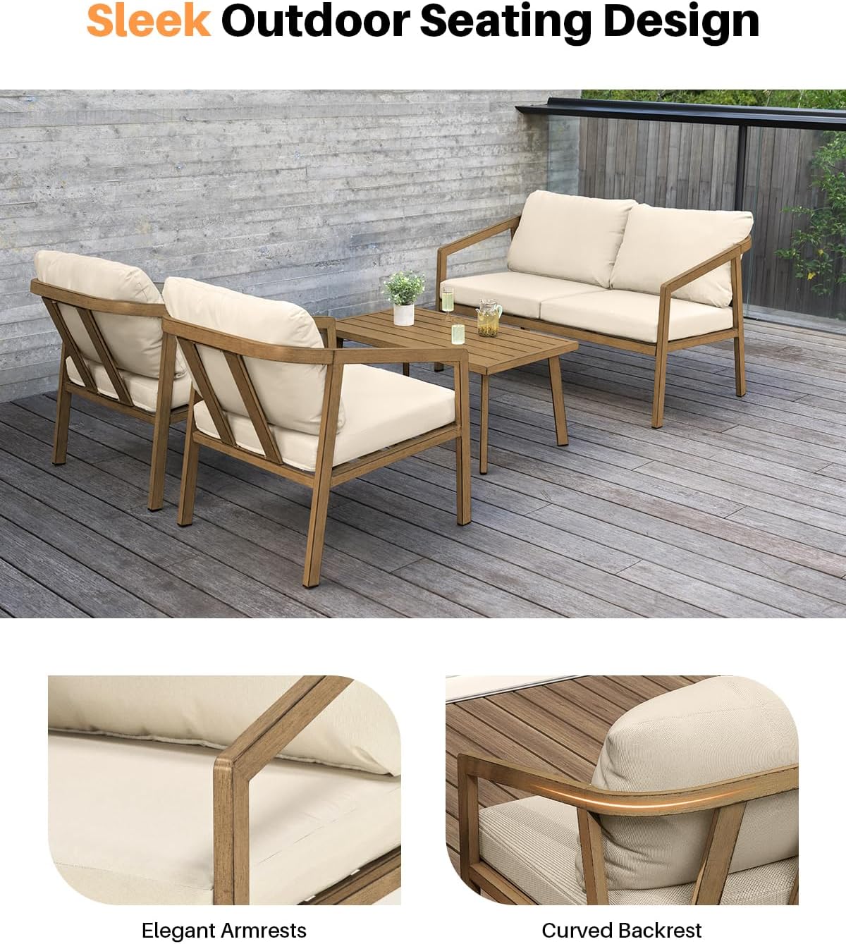4 Pieces Outdoor Sofa Set, Never-Rust Aluminum Patio Conversation Set with Removable Cushions, Patio Furniture Set with Patio