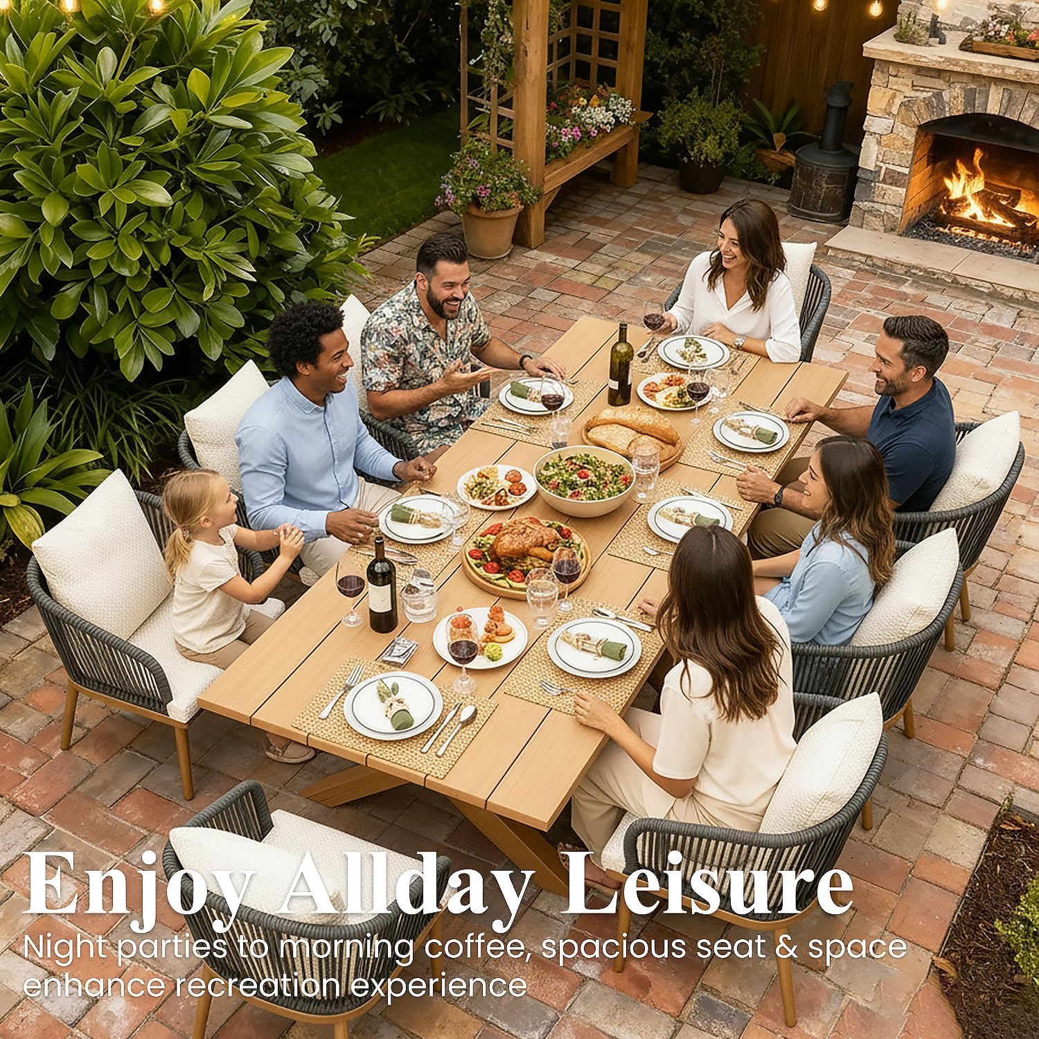 7 Pieces Outdoor Patio Dining Set, Aluminium Rectangular Dining Table and Wicker Rattan Chairs Set for Outside Backyard