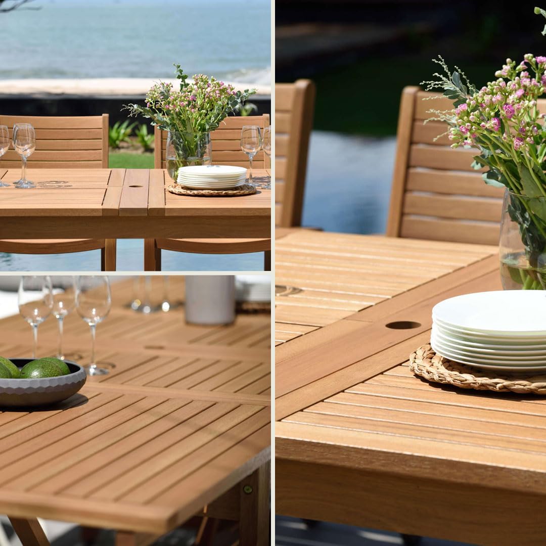 Amazonia Berlin 11-Piece Teak Finish Rectangular Extendable Patio Dining Set | Stackable Chairs | Ideal for Outdoors and