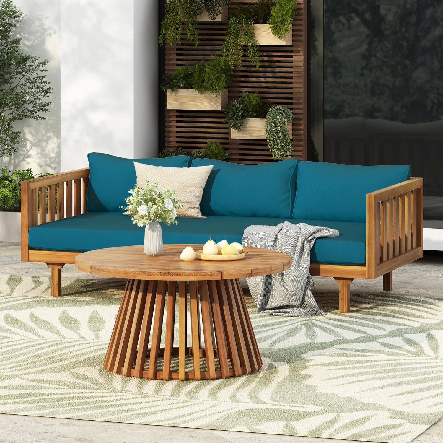 Christopher Knight Home Claremont Patio Sofa and Coffee Table Set, 2 Piece Outdoor Patio Furniture Set with Cushion, Acacia Wood 3 Seater Outdoor Sofa Daybed and Coffee Table Set, Teak+Dark Teal review
